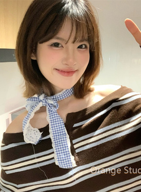 韩系蓝色蕾丝格纹拼接飘带丝巾