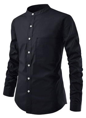 外贸速卖通wish男衬衣红色 男士立领口袋修身长袖衬衫Men's s