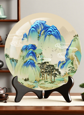 千里江山图装饰品办公室桌面书架摆件新中式工艺品山水画摆盘