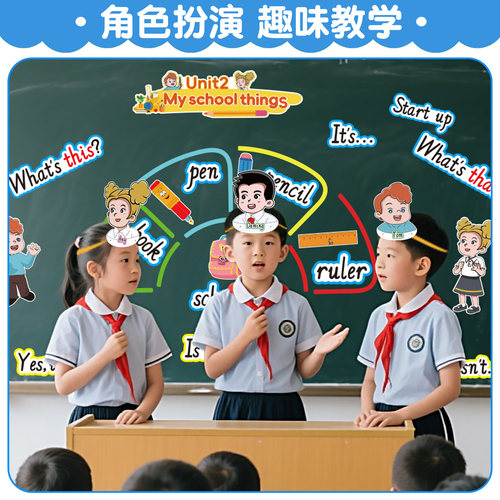 2026秋季新外研版小学英语课本人物头饰头套教具公开课优质课视频卡通头像学生游戏互动角色扮演课堂表演道具 - 图1