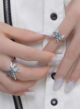 海蓝色蝴蝶戒指女小众设计级感时