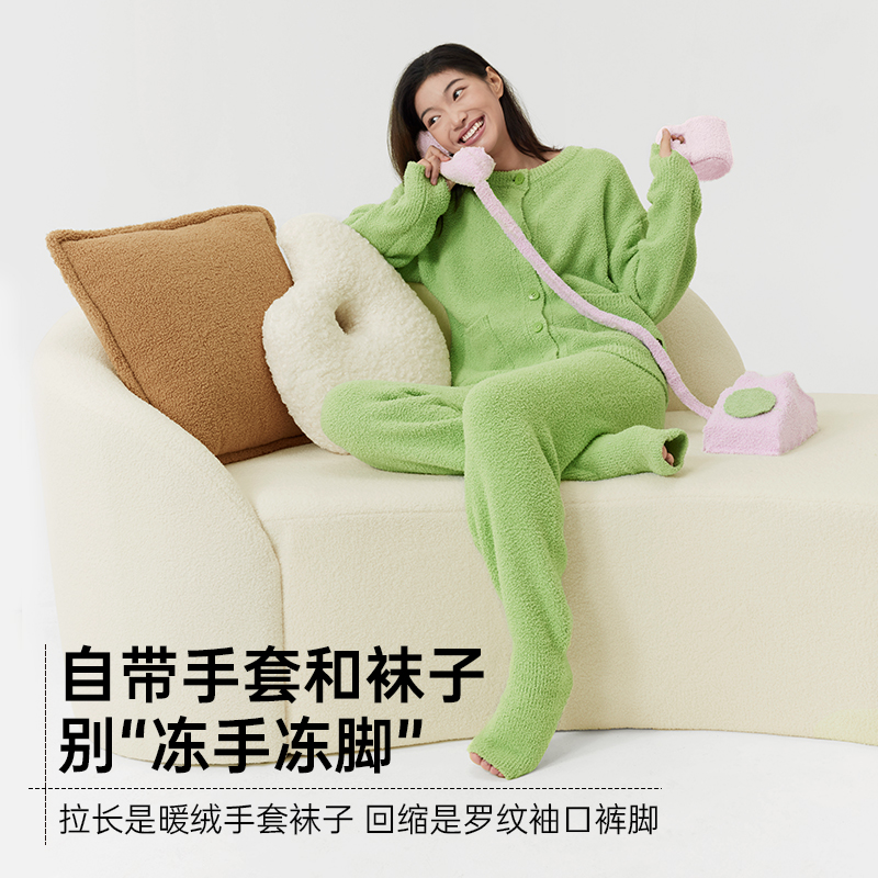 半练半边绒睡衣女秋冬新款家居服珊瑚绒情侣可外穿套装冬加厚加绒