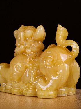 锦玉秀美天然米黄玉貔貅摆件一对