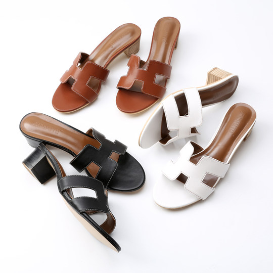 New genuine leather thick medium high heel h slippers for women in summer fashion