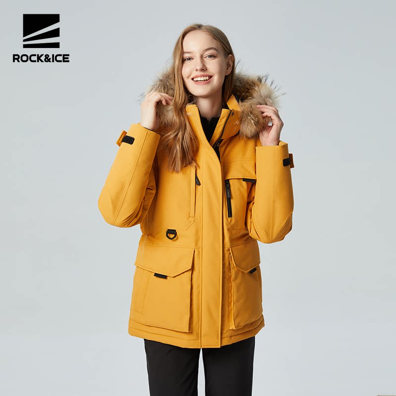 ROCKICE鹅绒羽绒服女冬季中长款保暖毛领派克服户外防风工装外套