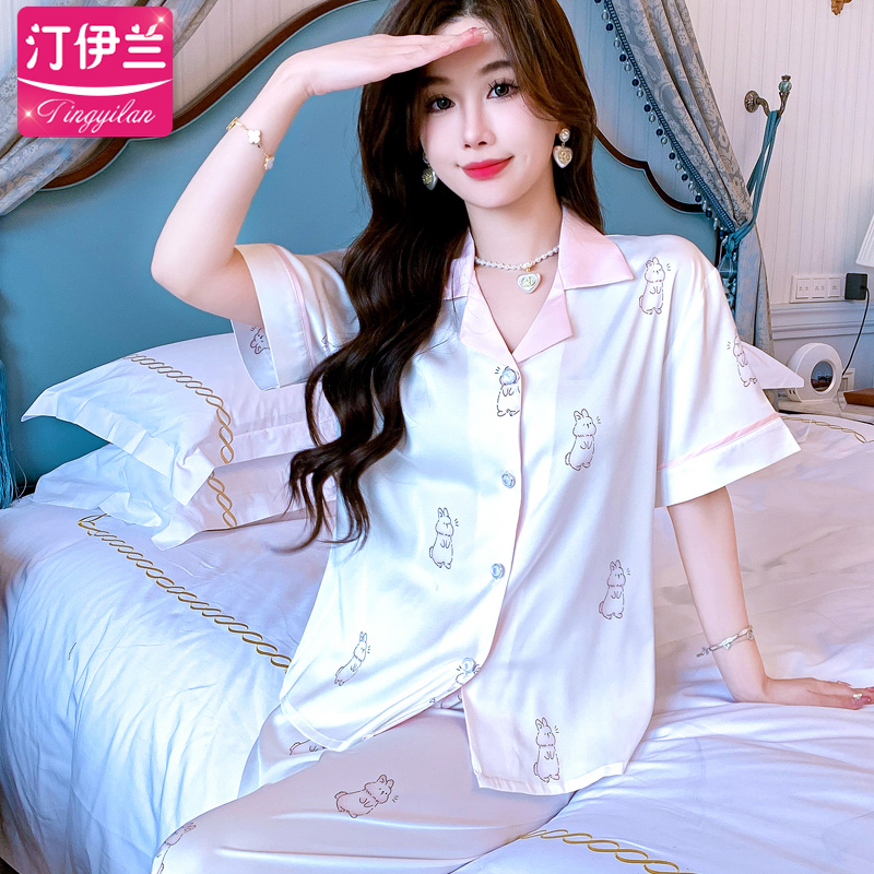 睡衣女春夏冰丝短袖丝绸套装夏天可外穿风家居服春季薄款绸缎缎面-图0