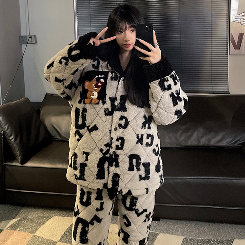 新款睡衣女冬季珊瑚绒法兰绒夹棉袄三层加厚超厚加绒可外穿家居服 - 图2