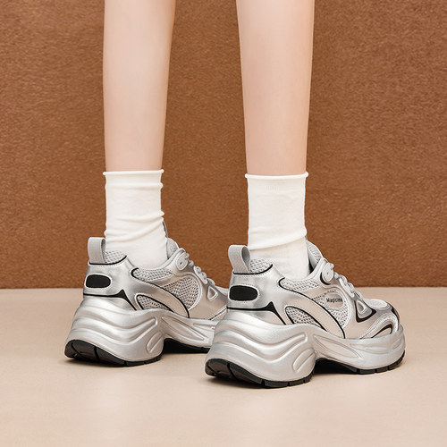 奥古狮登厚底银色增高老爹鞋女2025冬季新款鞋子女款加绒运动女鞋 - 图1