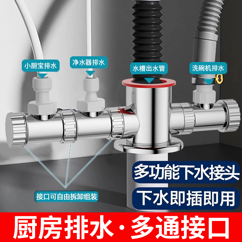 厨房下水管三头通防返臭神器三通分水器洗菜盆阀配件密封塞通用 - 图2