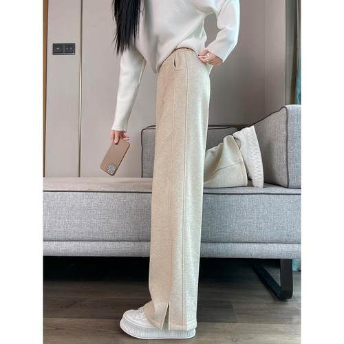 加绒加厚毛呢裤子女秋冬阔腿裤女宽松直筒运动休闲开叉香蕉裤大码 - 图2