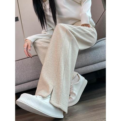 加绒加厚毛呢裤子女秋冬阔腿裤女宽松直筒运动休闲开叉香蕉裤大码 - 图0