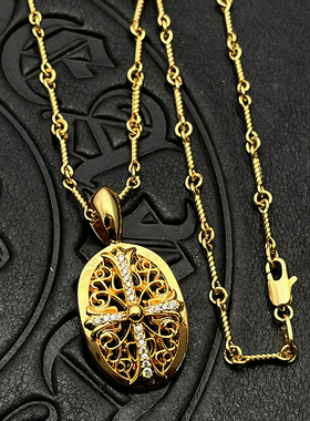 ODEK22K金色镶钻守护者盾牌吊坠项链欧美男女小众嘻哈个性款镀金