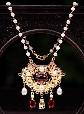 汉服配饰平安锁项链女古风同珍珠如意金锁长命锁新鲜出炉