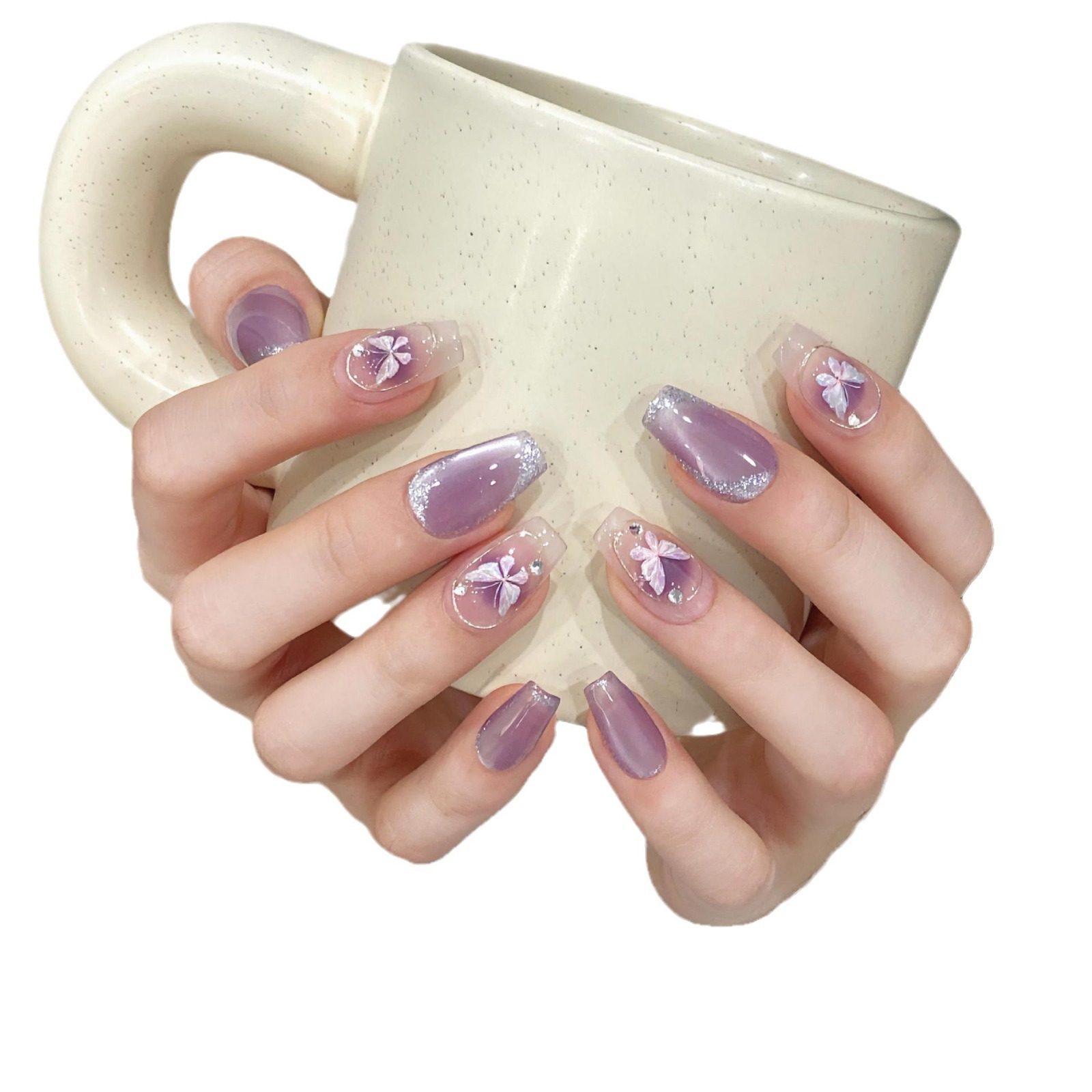 艺禾美妆紫色鎏金猫眼蝴蝶手工穿戴甲爆款美甲成品指甲贴片椭圆,淘宝优惠券,粉丝福利购,淘宝优惠卷