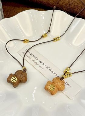 中式马上有钱木质吊坠项链吊坠长复古款项链女款毛衣配饰