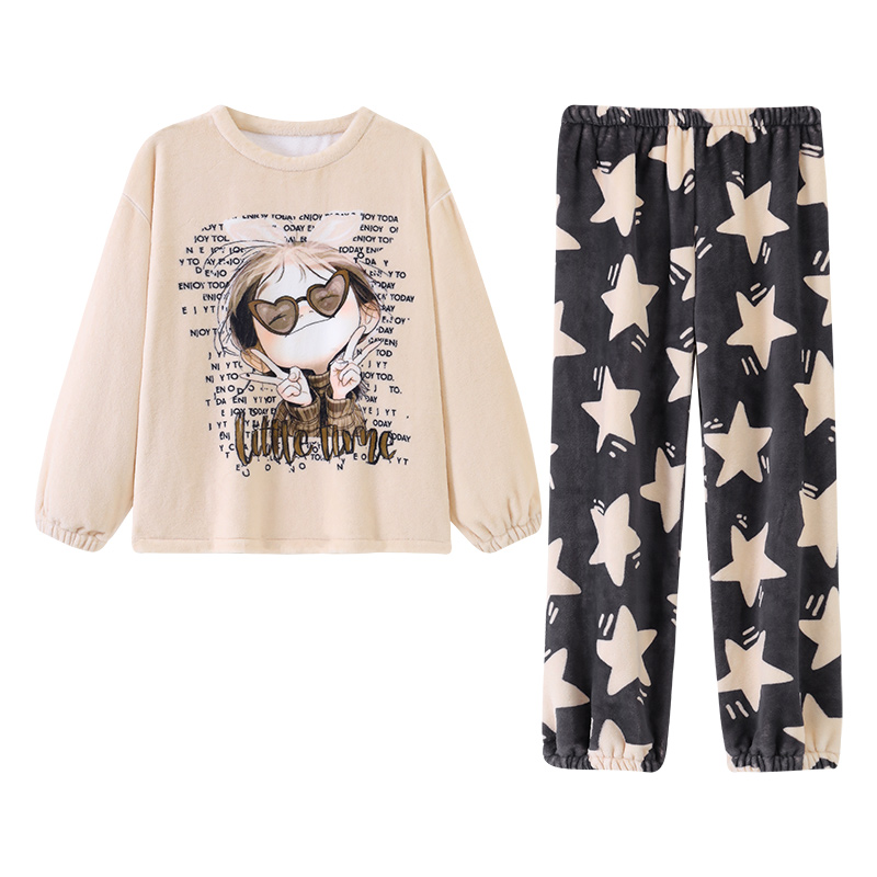 睡衣冬季女款加绒加厚珊瑚绒少女生保暖法兰绒家居服套装外穿可爱 - 图3