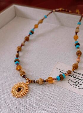 项链轻奢小众精致复古民族风彩串珠太阳吊坠气质百搭高级感锁骨链