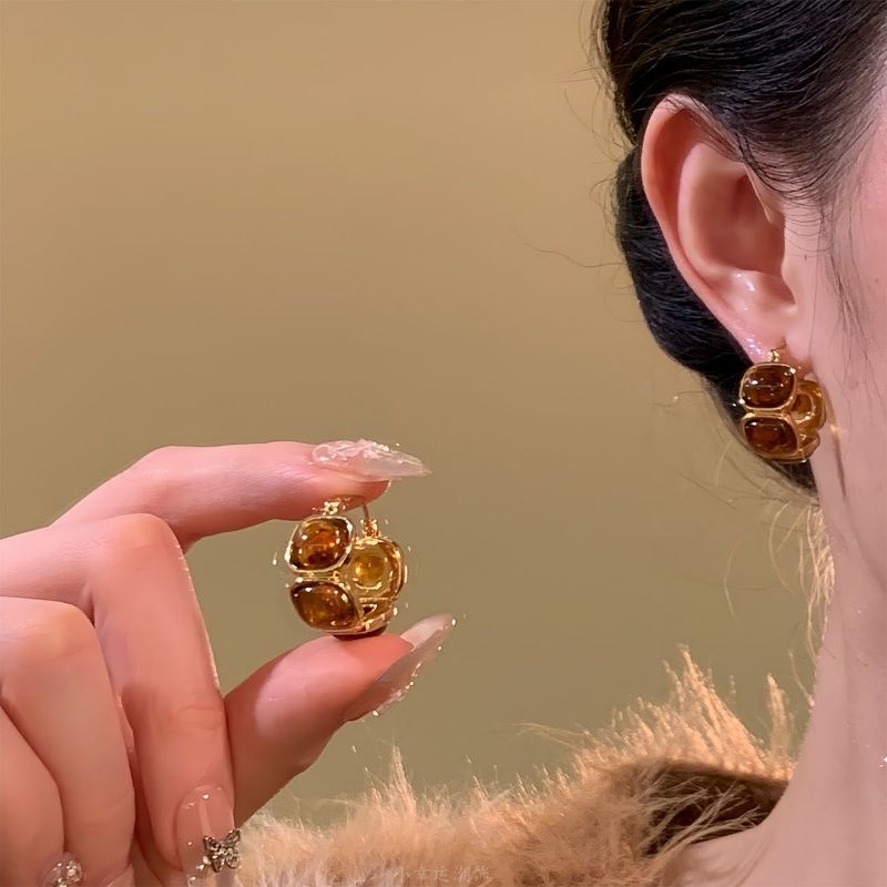 落日熔金~复古虎眼石金边耳钉女秋冬轻奢耳环耳圈高级感独特耳饰 - 图0