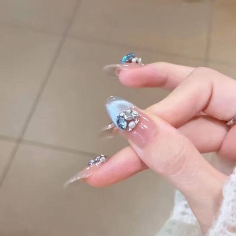 【蓝调冰晶】蓝色爆闪猫眼美甲手工穿戴甲片镶钻宝石显白网红指甲,淘宝优惠券,粉丝福利购,淘宝优惠卷