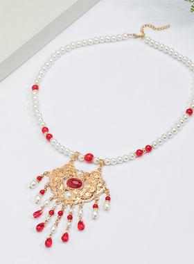 清仓古风璎珞汉服配饰平安锁项链红色珍珠吊坠国风明制软璎珞