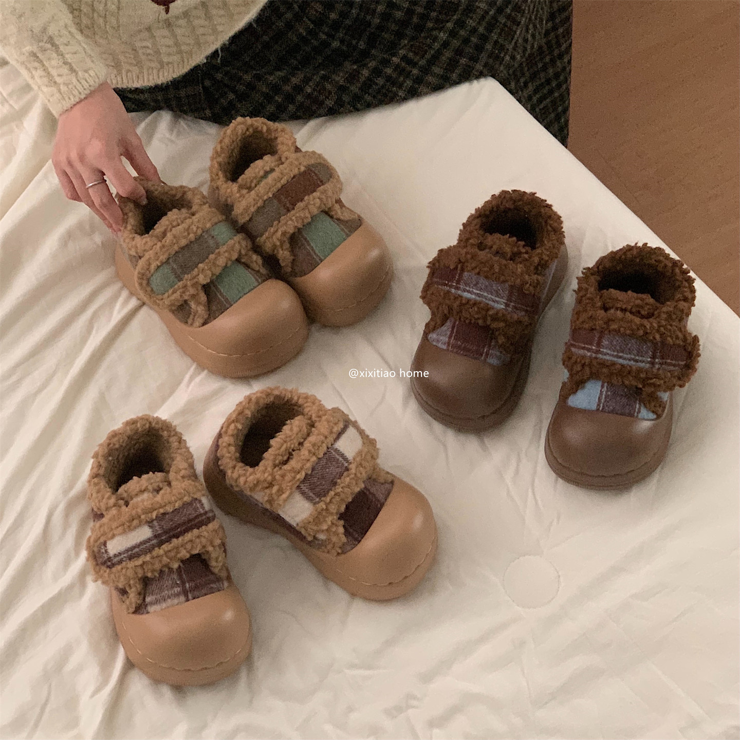 细细条休闲女毛毛鞋新款厚底防滑复古撞色格子魔术贴学生棉鞋冬季,淘宝优惠券,粉丝福利购,淘宝优惠卷