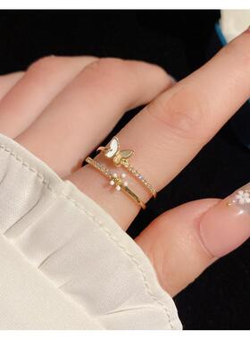 双层镶钻蝴蝶戒指女气质百搭可调节食指戒轻奢时尚设计感手饰