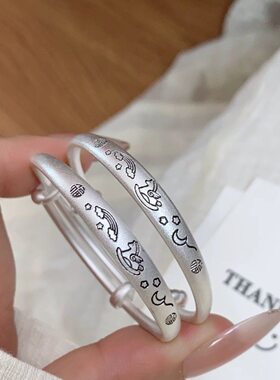 【幂琳】宝宝婴儿纯银9999手镯平安喜乐木马实心足银镯子满月周岁