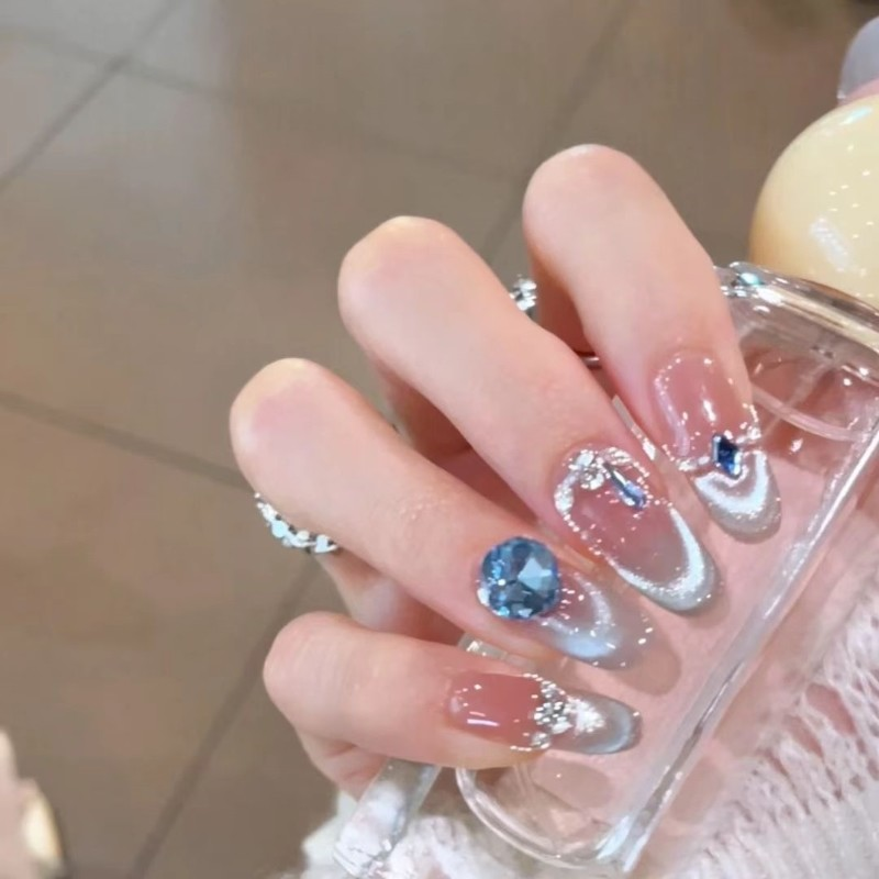 【蓝调冰晶】蓝色爆闪猫眼美甲手工穿戴甲片镶钻宝石显白网红指甲,淘宝优惠券,粉丝福利购,淘宝优惠卷