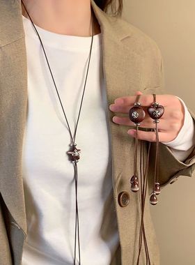 松岛抽拉冬日项链复古克罗毛衣链女酷长款项抽拉式高级感潮爱心