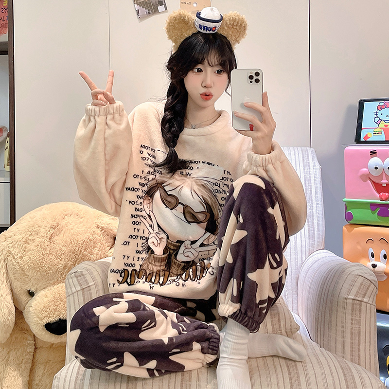 睡衣冬季女款加绒加厚珊瑚绒少女生保暖法兰绒家居服套装外穿可爱 - 图2