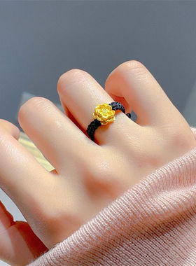 新中式莲花编织戒指古法黄金色小众高级本命年红绳指环送女友礼物