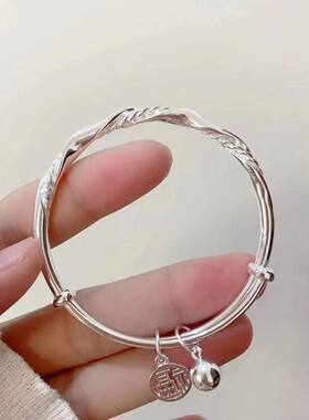 【幂琳】9999纯银手镯女梦幻银丝铃铛实心足银镯子推拉时尚轻奢银