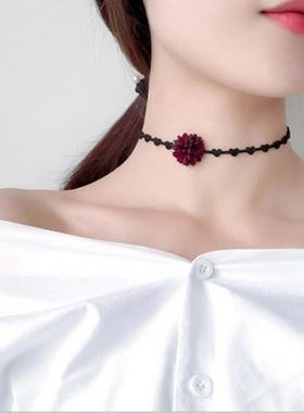 时尚choker手做爱心绒皮红花朵短款锁骨项链气质网红原宿颈链项圈