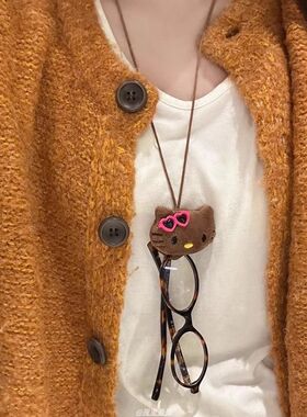 黑皮豹纹KT猫挂绳项链甜酷辣妹毛衣链kitty眼镜收纳挂脖配饰