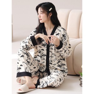 红豆春秋季国风大码和服长袖睡衣套装女士带胸垫一体夏冬款家居服