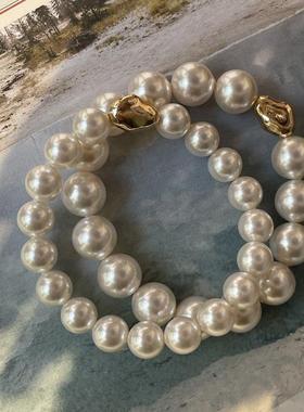 2023珍珠手链正圆强光巴洛克金属复古港风弹力绳串珠百搭手工朱砂