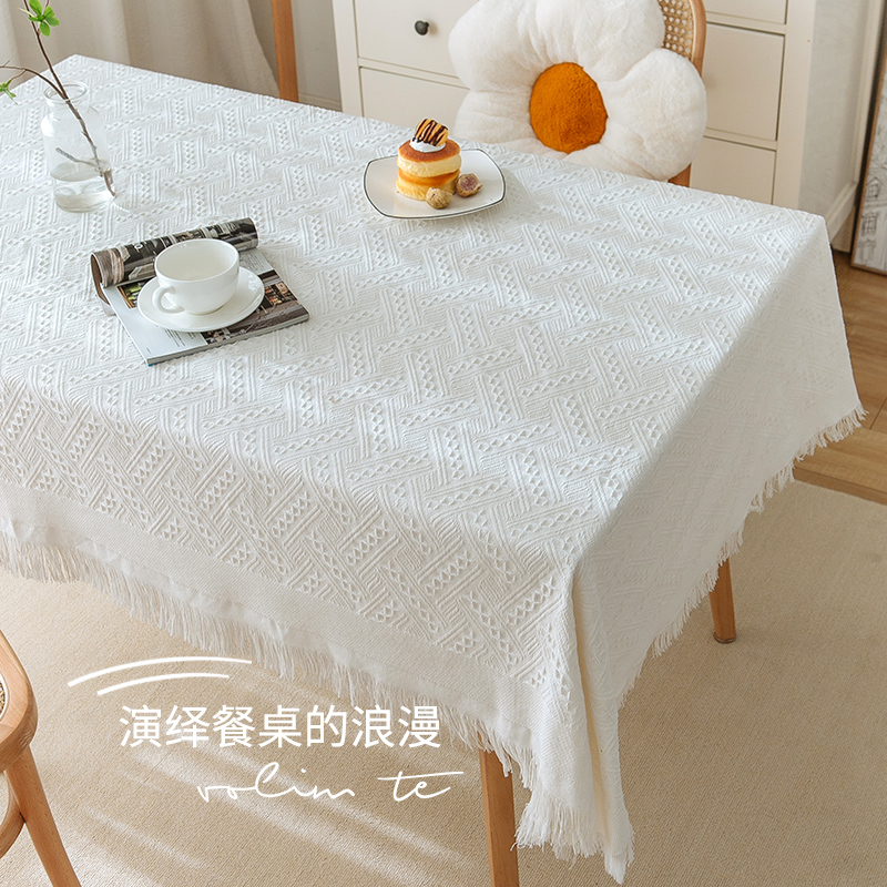 ins风法式棉线桌布长桌轻奢高级氛围感生日拍照日系茶几布长方形 - 图3