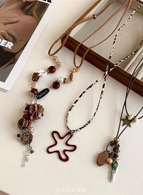 新中式复古民族风长款吊坠女小众百搭叠戴韩系配饰项链皮绳羽毛