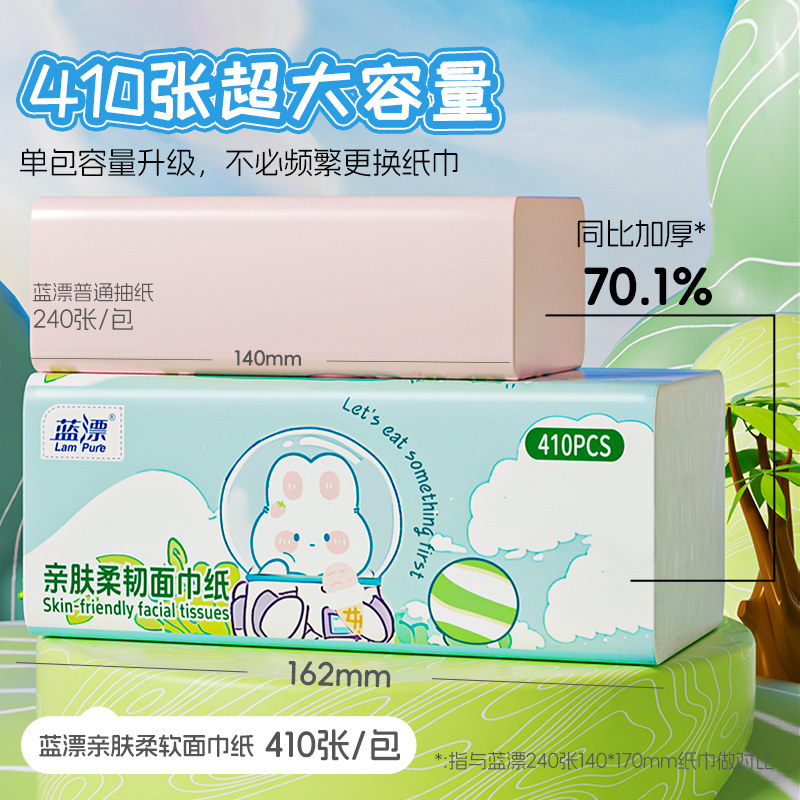 卡通兔子抽纸410张五层加厚面巾纸家用大包装细腻柔软湿水不易破