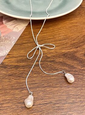 吊坠项链水滴蝴蝶结韩系长款女款装饰银色秋冬夏天百搭毛衣搭配