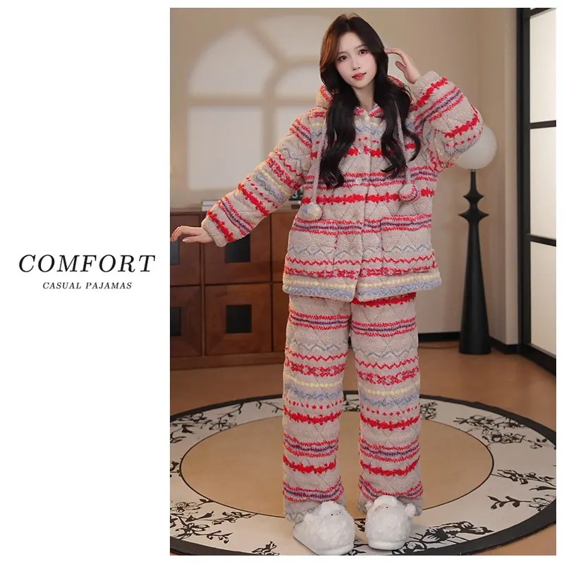 费尔岛风冬季三层夹棉加绒加厚长毛绒睡衣女保暖套装家居服柔软,淘宝优惠券,粉丝福利购,淘宝优惠卷