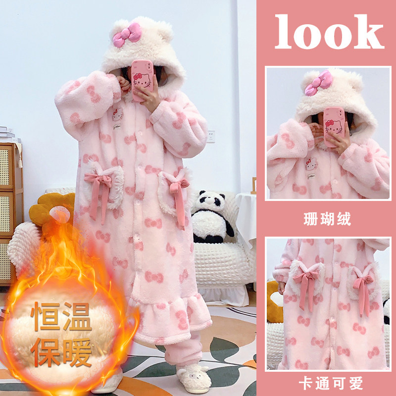 浪莎睡衣女秋冬季珊瑚绒长袖连体睡袍厚款甜美卡通毛绒韩范家居服 - 图1