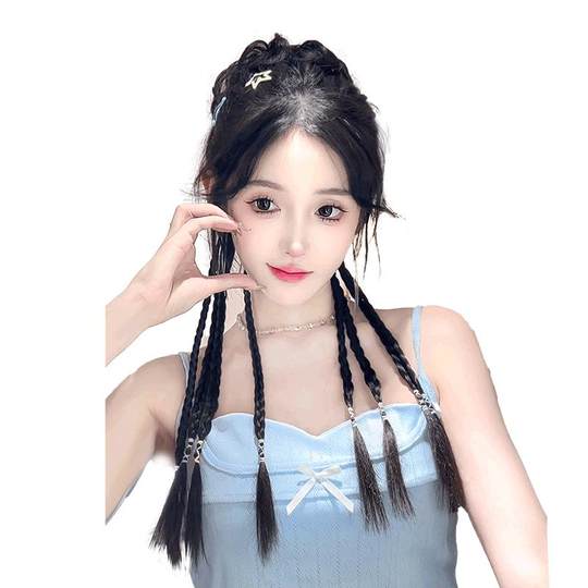 
Wig braid ponytail bun wig clip new Chinese style double ponytail long braid high-pigtail wig bud hair accessories