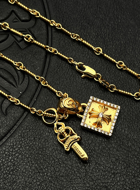 ODEK22K金色满钻方块宝剑项链十字花吊坠男女经典款潮牌白钻女生