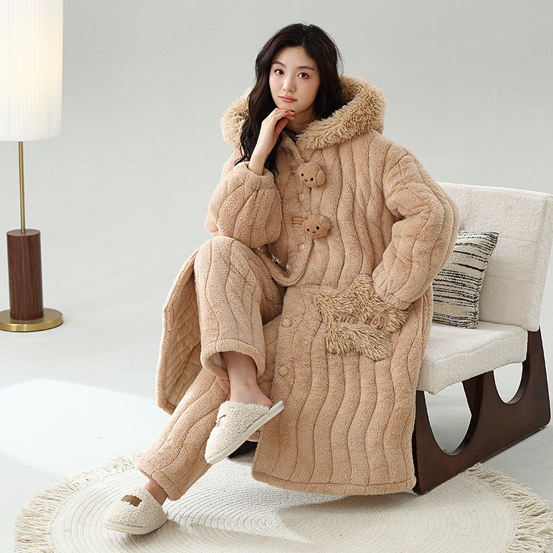 睡袍女冬季珊瑚绒睡衣保暖三层夹棉加绒加厚长款可外穿家居服套装,淘宝优惠券,粉丝福利购,淘宝优惠卷