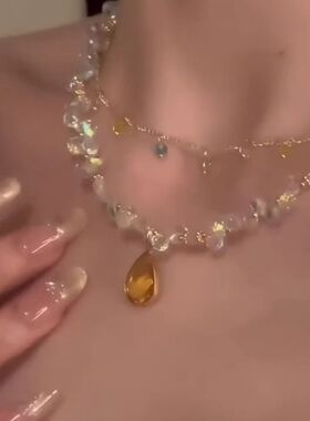 橘子汽水黄色串珠项链双层叠戴小众独特夏日氛围感锁骨链颈链