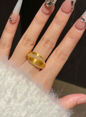 法式复古镶钻金色拉丝戒指女小众设计指环中古时尚轻奢高级感手饰