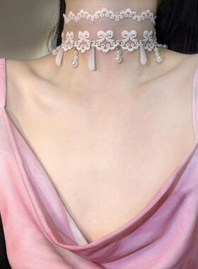 「未拆情书」复古蕾丝蝴蝶结珍珠项链宫廷风超好看独特漂亮锁骨链