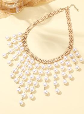 欧美跨境饰品 多层长款珍珠流苏项链 新款夸张设计珍珠围兜项链