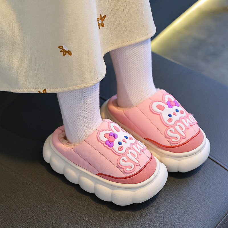 儿童棉拖鞋女童冬季2024新款保暖中大童男孩毛绒PU皮防水家居棉鞋